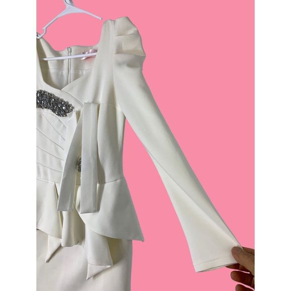 Womens Blingor White Scuba Bling Embellished Peplum Dress Size Small 4/6 5203 - Picture 8 of 14